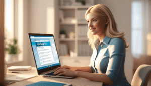 Young woman working from home using ClickUp 3.0